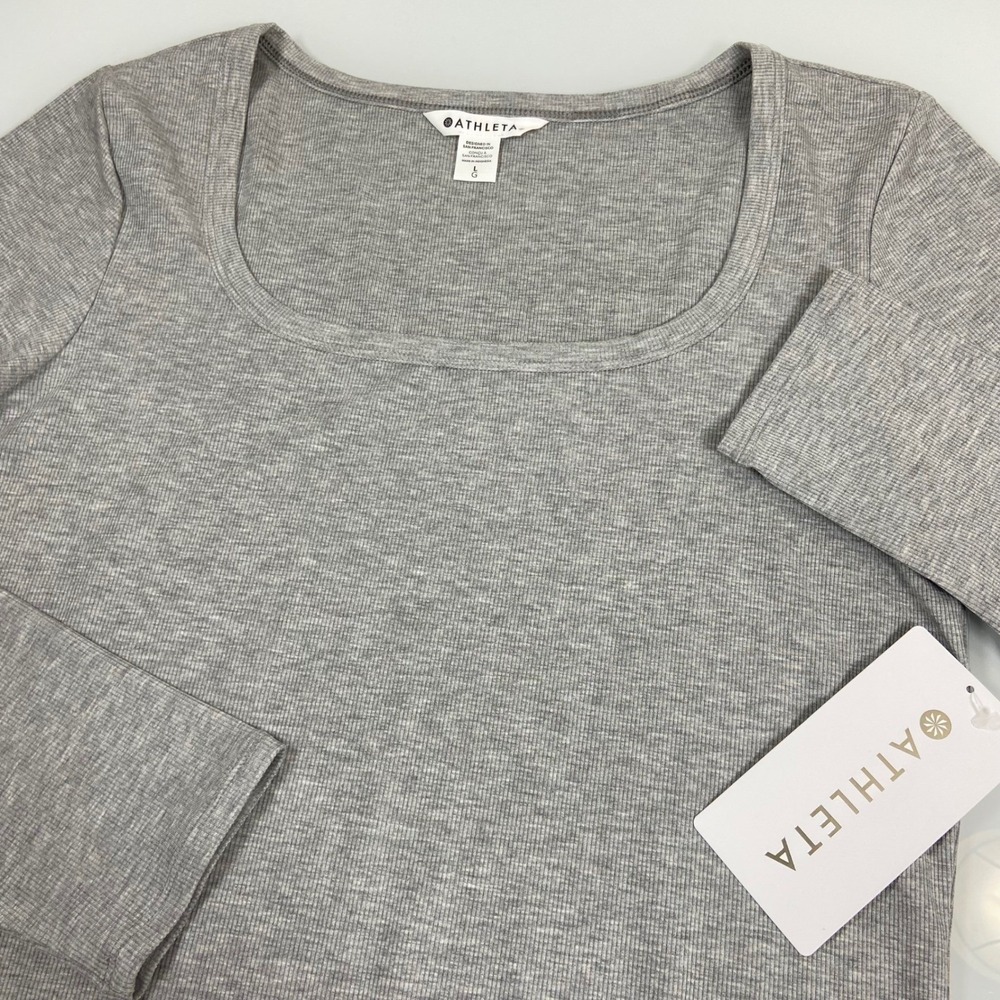 Athleta Womens L Grey Signature Rib Square Neck Top NEW Long Sleeve Casual